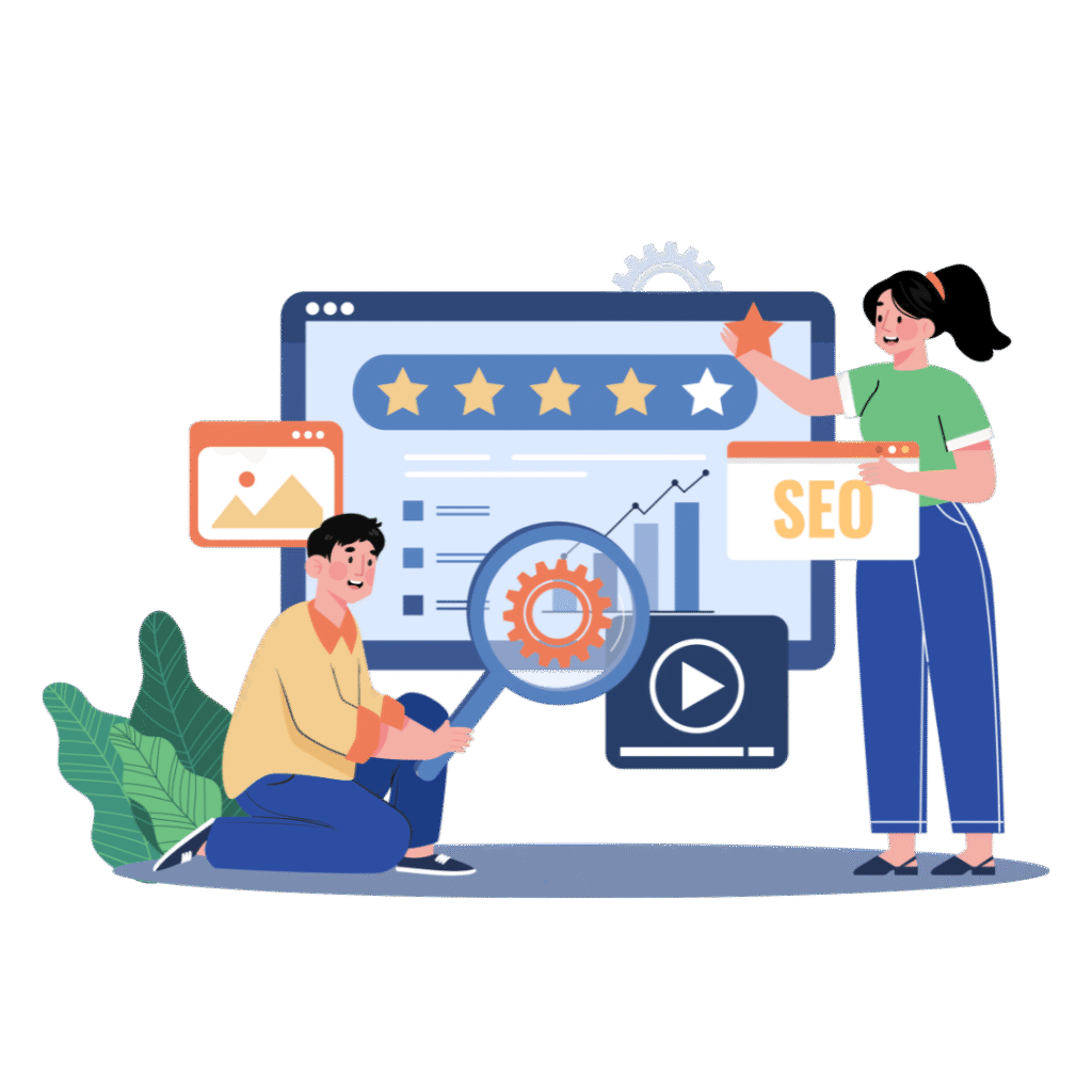 A man and woman are analyzing a search engine optimization website together.
