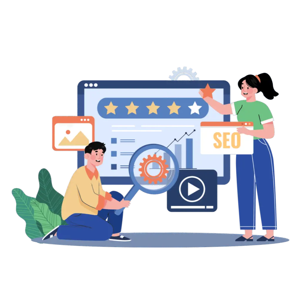 A man and woman are analyzing a search engine optimization website together.