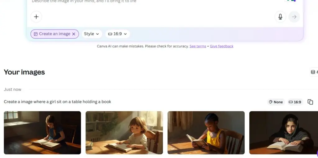 Screenshot of canva app which helps user to generate visual Content by write prompt