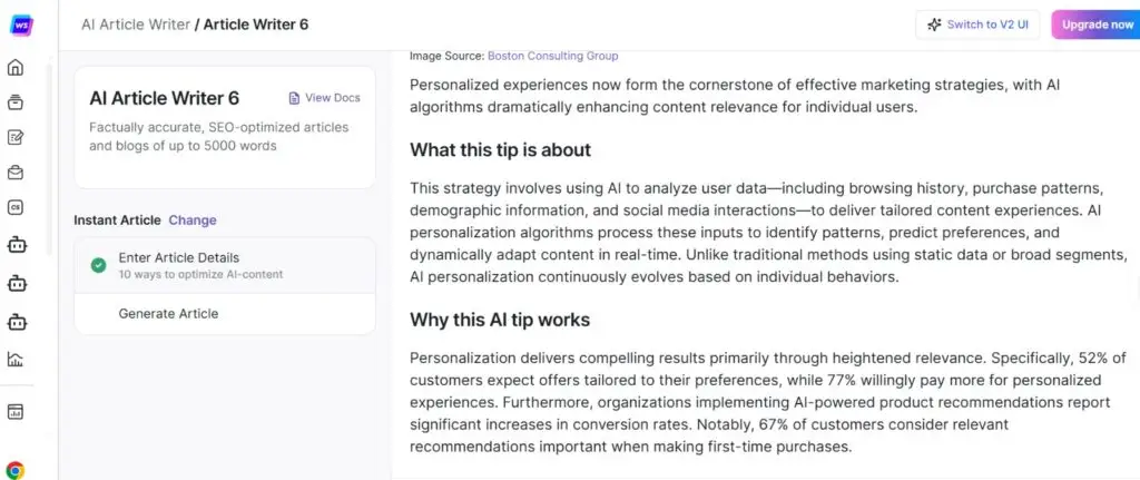 Screenshot of writesonic toolwrite a long format article for blog and website.