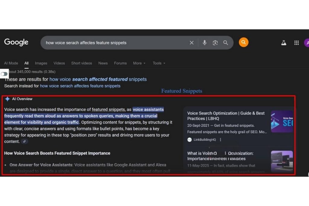 Screenshot of voice SEO showing featured snippets results.