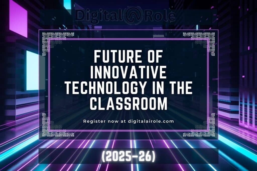 A purple background and text is written future of innovative technology in the classroom