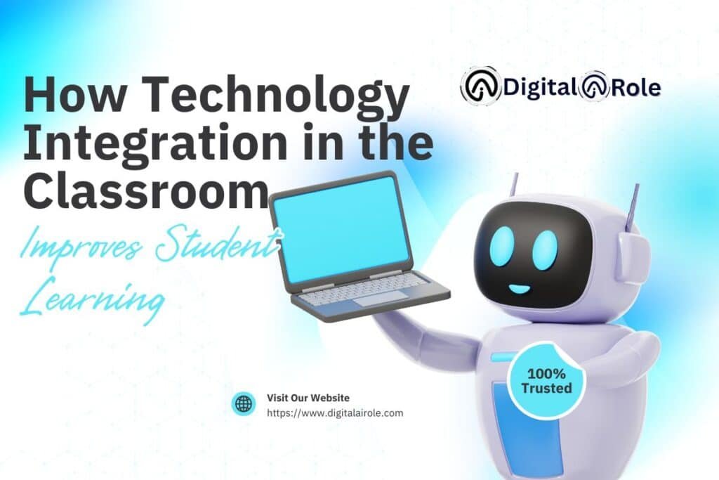 A robot hold the laptop on the top text is write how technology integration in the classroom