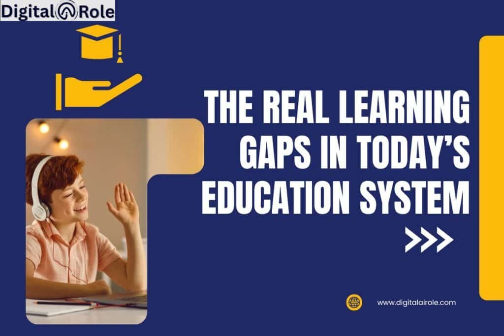 Real Learning Gaps in Education System A person wearing headphones raises a hand while sitting at a desk with a laptop, discussing learning gaps in education.
