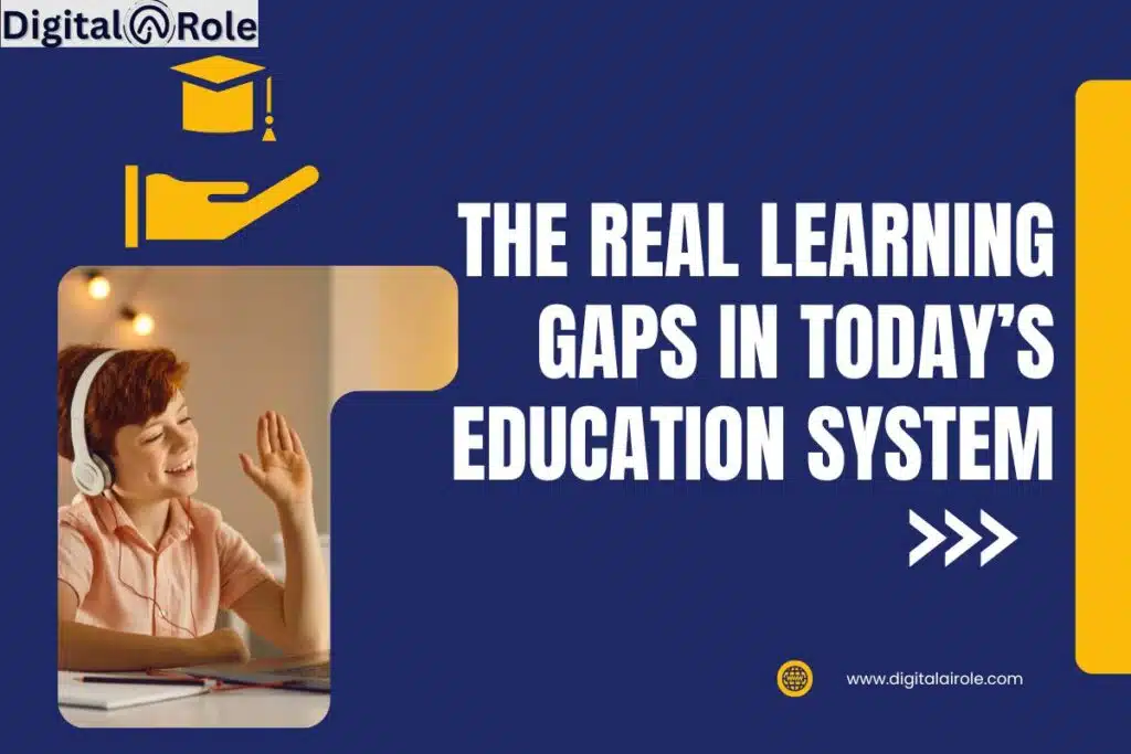 Real Learning Gaps in Education System A person wearing headphones raises a hand while sitting at a desk with a laptop, discussing learning gaps in education.