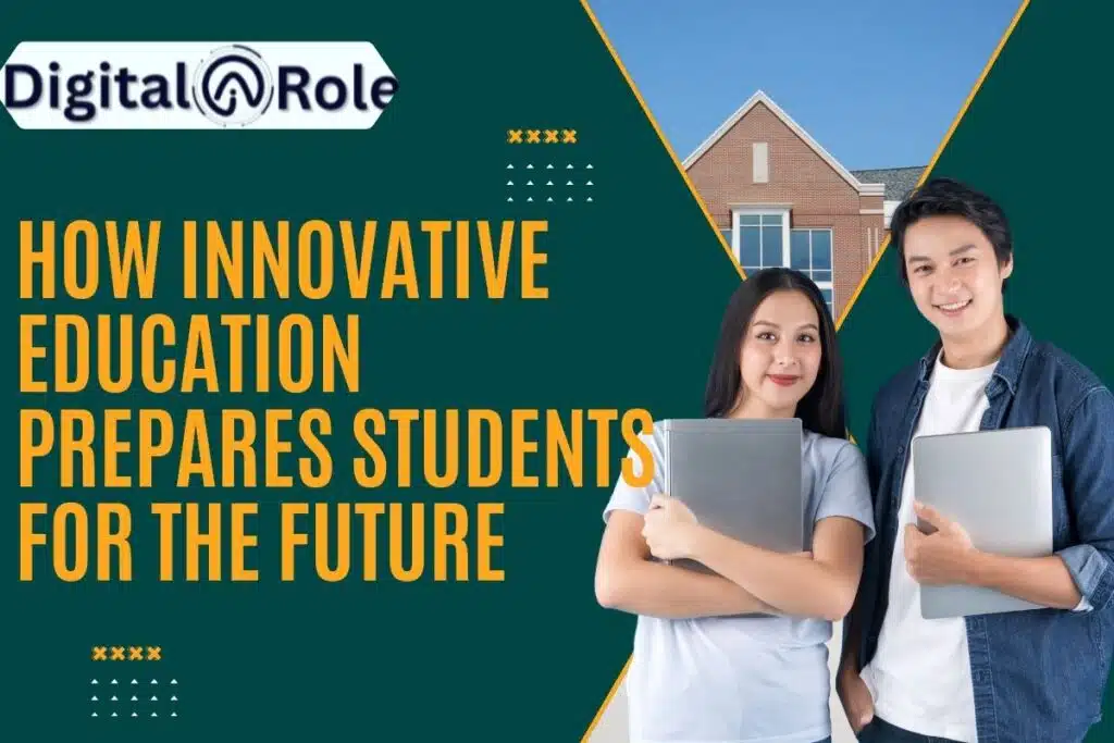 Innovative Education Prepares Students For the Future The image shows the image of students holding the laptop and the title is written about how innovative education prepares students for the future