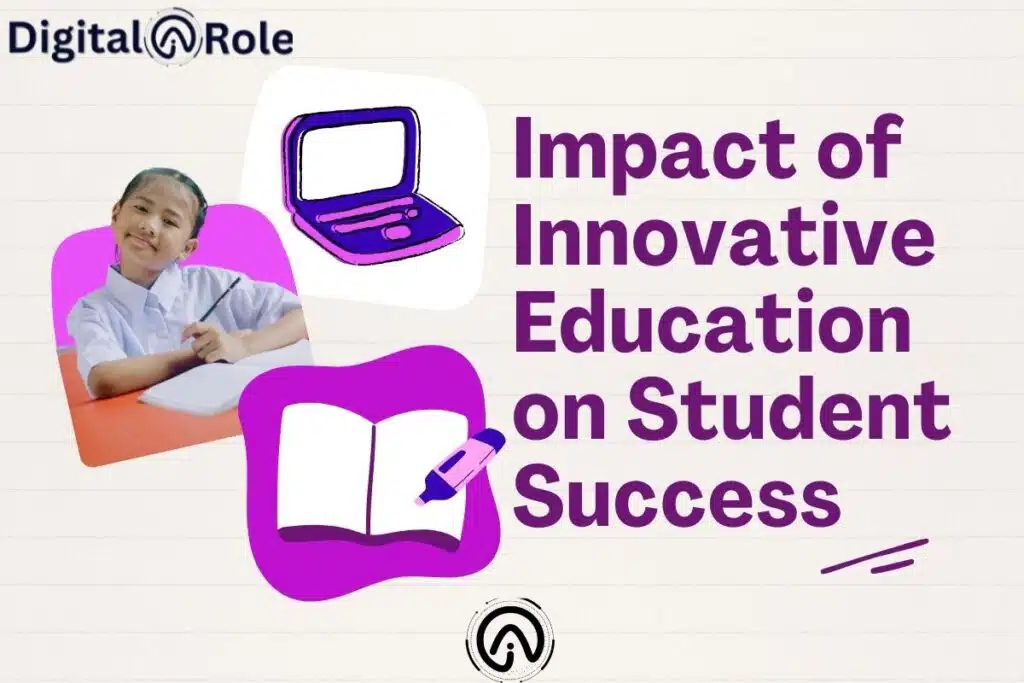 Innovative Education Impact on Student Success The image shows the picture of a kid and computer graphic and title written impact of innovative education on student success