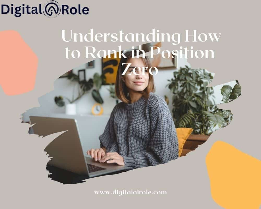 Illustration explaining how to rank in position zero, showing a content marketer working on a laptop while learning featured snippet optimization strategies.