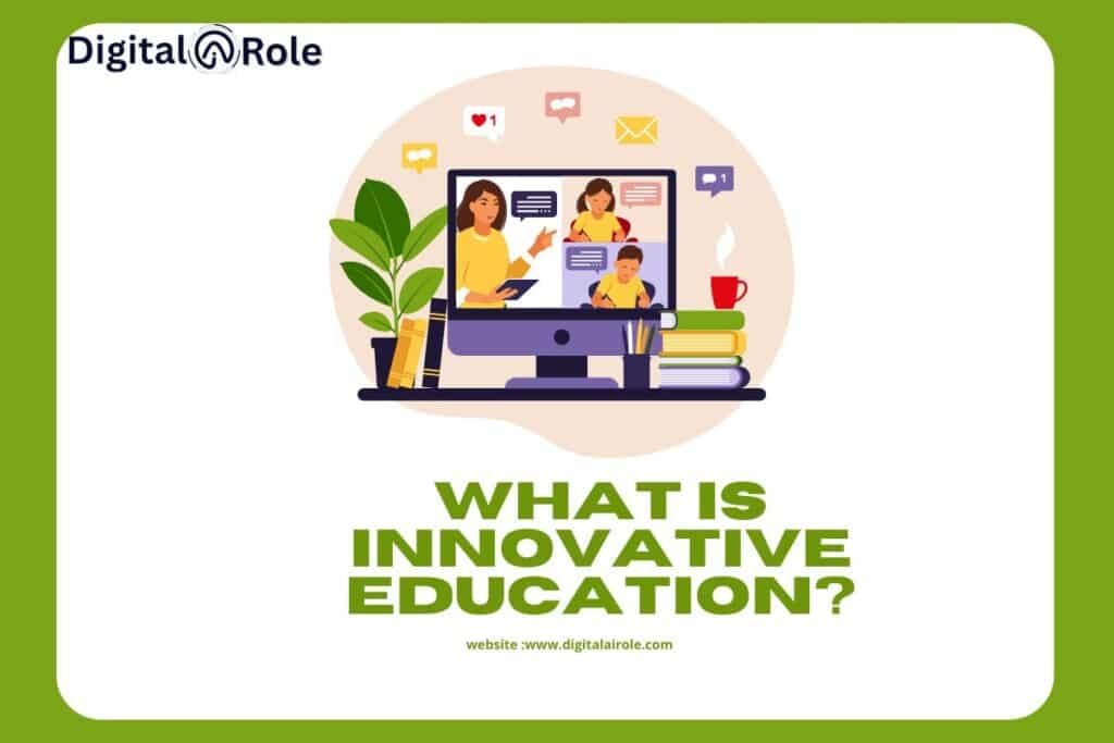 Innovative Education The image shows the graphics of ladies and computers and title write what is innovative education?