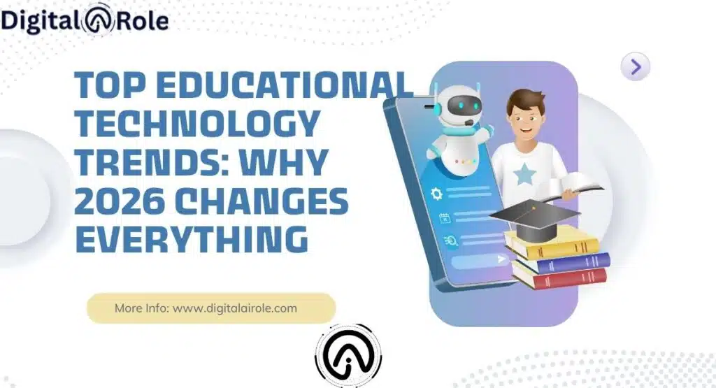 Top Educational Technology Trends Transforming Learning in 2026 "Promotional graphic for 'Advanced Learning Analytics and Predictive Modeling' by Digital Role. Features two professionals analyzing data on computers. Includes a 'Learn More' button and website link."