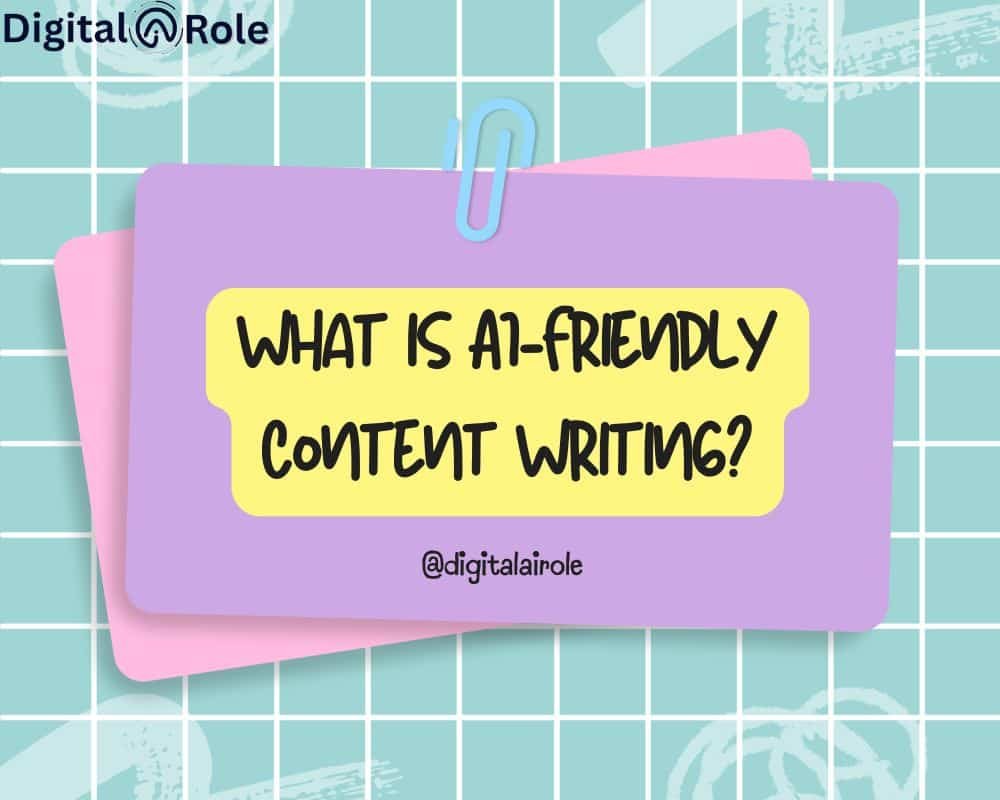 A digital image with "What is AI-Friendly Content Writing?" on a yellow banner pinned to a lavender note. Background has a grid pattern and a pastel color scheme.