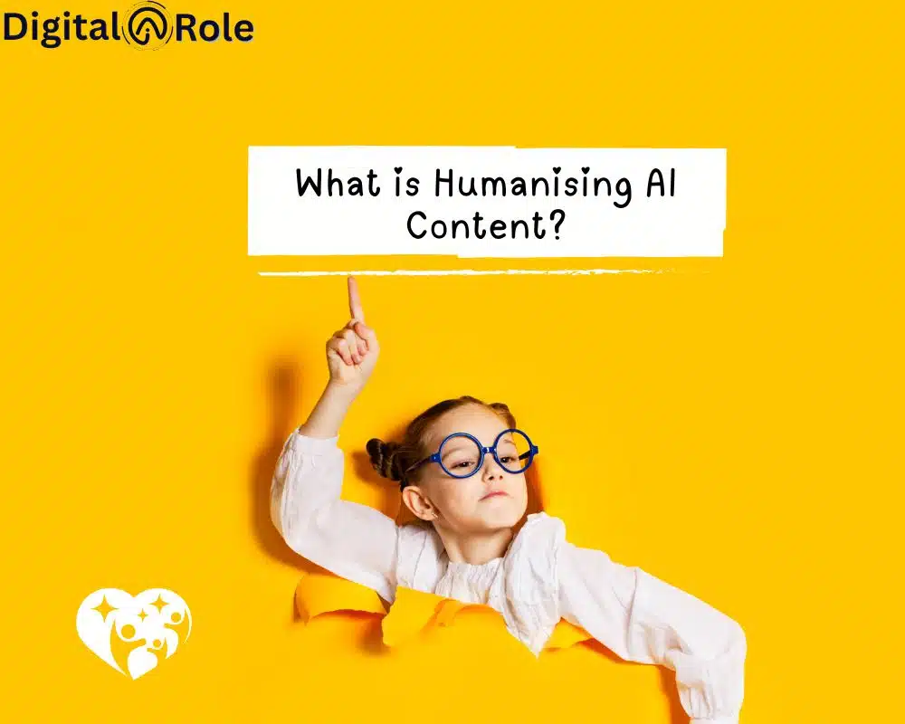 Humanising AI Content A child with glasses points upward, surrounded by a bold yellow background. The text above asks, "What is Humanising AI Content?" The mood is curious and playful.