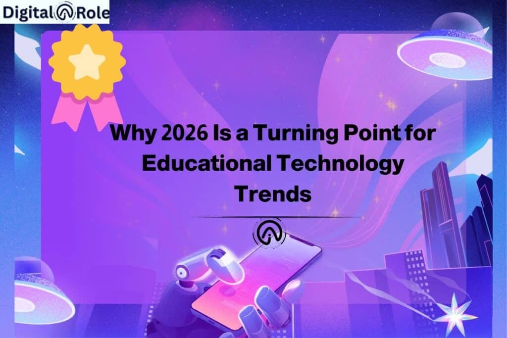 A futuristic scene with a robot hand holding a glowing tablet against a starry sky. UFOs and skyscrapers surround the text: "Why 2026 Is a Turning Point for Educational Technology Trends." A ribbon with a medal is in the corner. The tone is innovative and forward-looking.