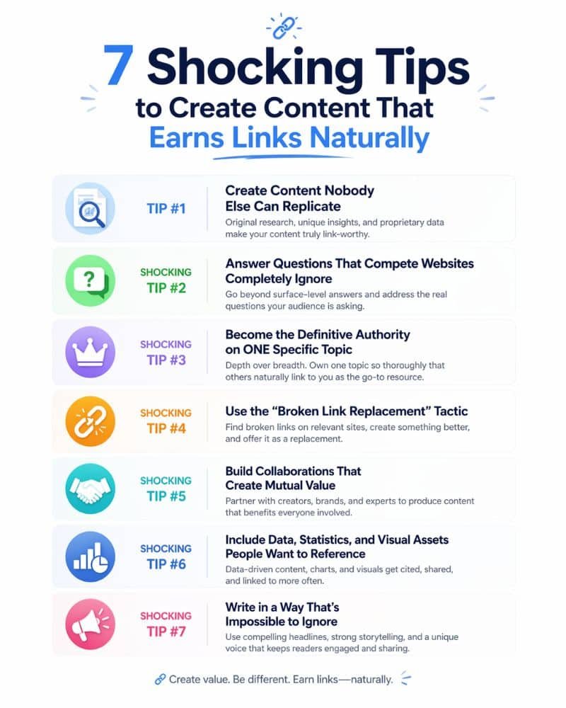 Infographic titled "7 Shocking Tips to Create Content That Earns Links Naturally." Lists tips with icons: unique content, answering ignored questions, authority on topics, using broken links, collaborations, data inclusion, and engaging writing. Tone is informative and motivational.