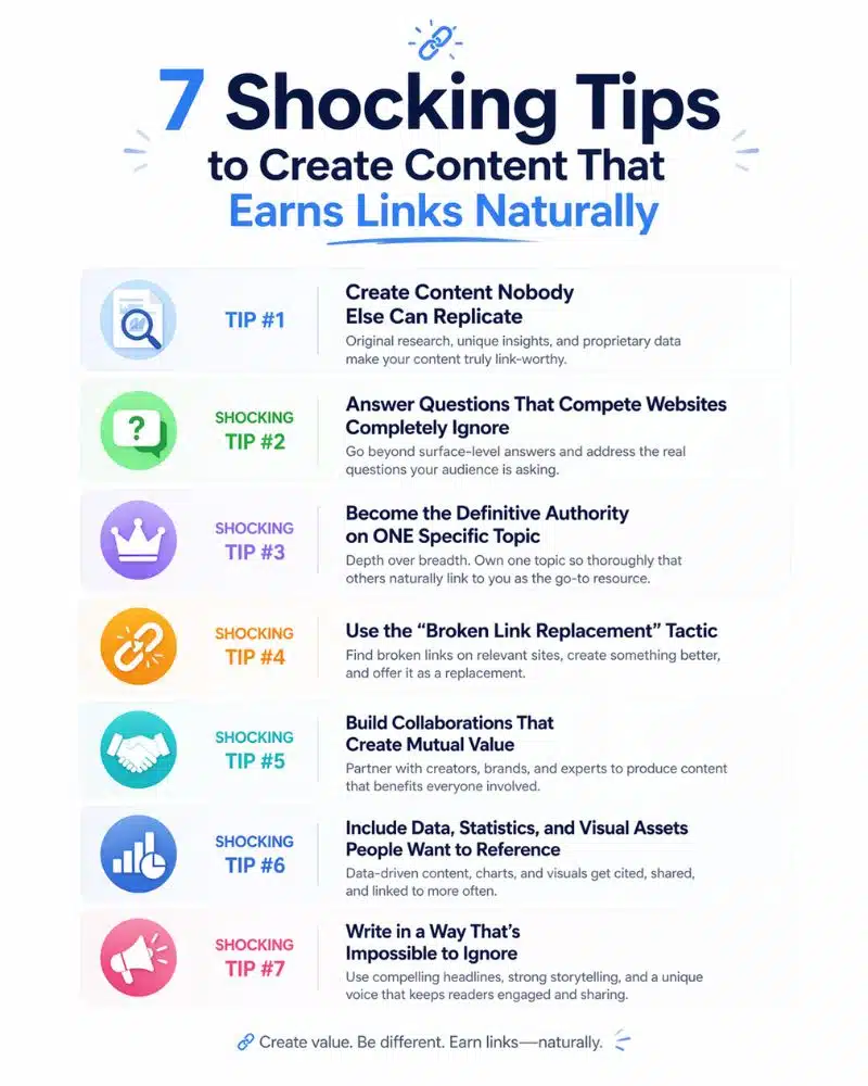 7 Shocking Tips Infographic titled "7 Shocking Tips to Create Content That Earns Links Naturally." Lists tips with icons: unique content, answering ignored questions, authority on topics, using broken links, collaborations, data inclusion, and engaging writing. Tone is informative and motivational.