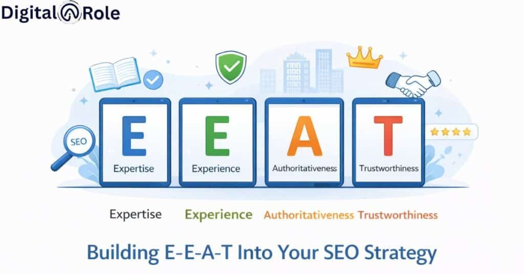 Digital graphic titled 'Building E-E-A-T Into Your SEO Strategy' features the elements Expertise, Experience, Authoritativeness, Trustworthiness. Icons above the letters include a book, shield, crown, and handshake, symbolizing key concepts. A magnifying glass with 'SEO' is on the left, creating a professional and informative tone.