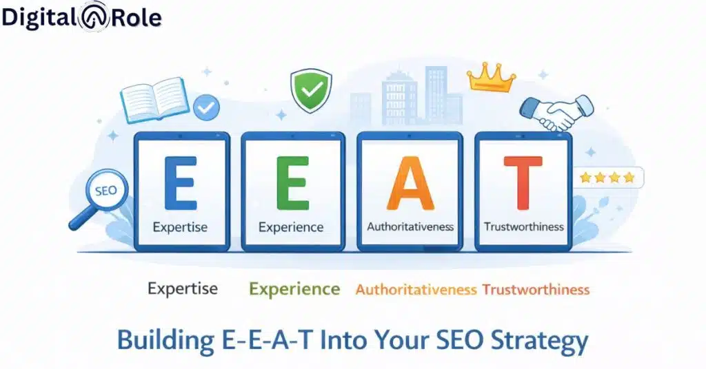 E-E-A-T into Your SEO Strategy Digital graphic titled 'Building E-E-A-T Into Your SEO Strategy' features the elements Expertise, Experience, Authoritativeness, Trustworthiness. Icons above the letters include a book, shield, crown, and handshake, symbolizing key concepts. A magnifying glass with 'SEO' is on the left, creating a professional and informative tone.