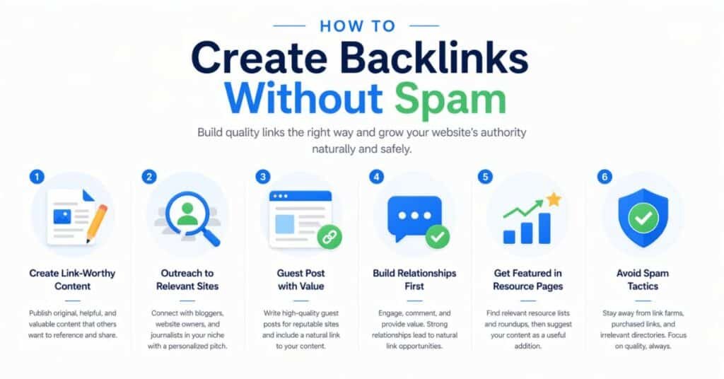Infographic titled "How to Create Backlinks Without Spam" with six steps: 1. Create link-worthy content. 2. Outreach to relevant sites. 3. Guest post with value. 4. Build relationships first. 5. Get featured in resource pages. 6. Avoid spam tactics. Each step includes relevant icons and brief descriptions. Tone is informative and professional.