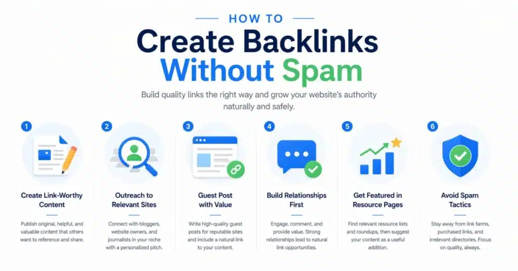How to create backlinks without spam Infographic titled "How to Create Backlinks Without Spam" with six steps: 1. Create link-worthy content. 2. Outreach to relevant sites. 3. Guest post with value. 4. Build relationships first. 5. Get featured in resource pages. 6. Avoid spam tactics. Each step includes relevant icons and brief descriptions. Tone is informative and professional.