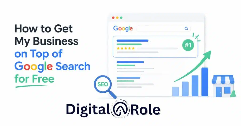 business to the first on Google Illustration of a Google search page with a "#1" badge, bar graph, and a magnifying glass labeled "SEO." Text reads "How to Get My Business on Top of Google Search for Free."