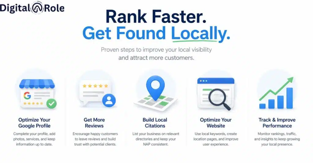 How to rank fast on local search Infographic by Digital Role titled 'Rank Faster. Get Found Locally.' It outlines five steps: Optimize Google Profile, Get More Reviews, Build Local Citations, Optimize Website, and Track & Improve Performance, each with an icon and brief description."