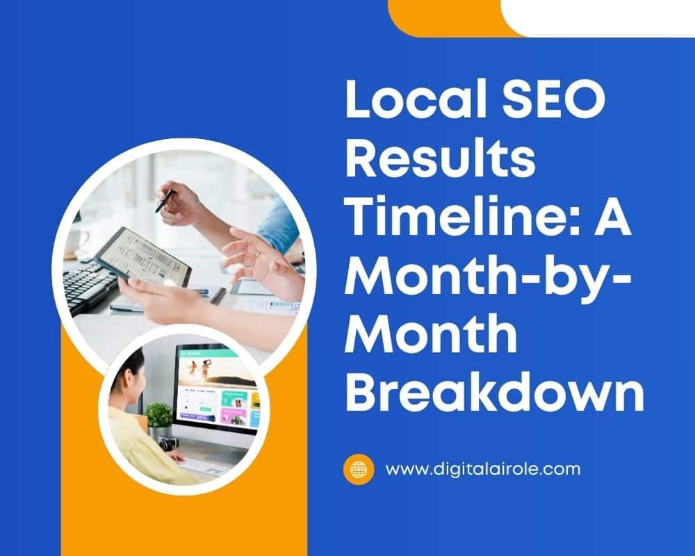  "Local SEO Results Timeline: A Month-by-Month Breakdown." Features images of people collaborating and analyzing websites.