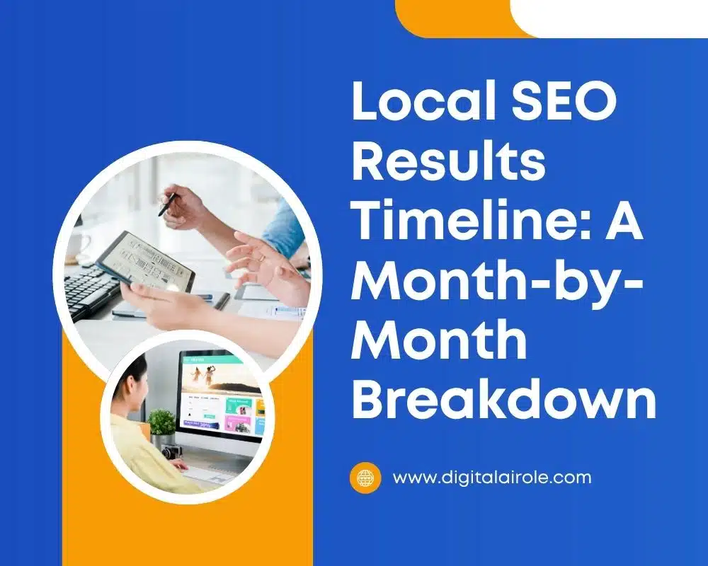 Local SEO Result timeline "Local SEO Results Timeline: A Month-by-Month Breakdown." Features images of people collaborating and analyzing websites.