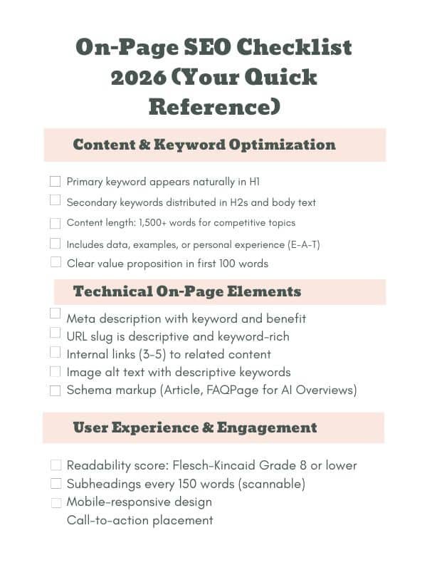 On-Page SEO Checklist 2026. Sections include Content & Keyword Optimization, Technical On-Page Elements, and User Experience & Engagement. Each has actionable items like keyword placement, meta descriptions, internal links, readability, and mobile design. Tone is informative and practical.