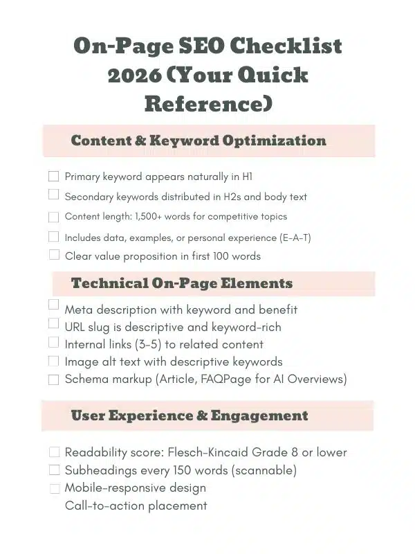 On-Page SEO Checklist 2026 On-Page SEO Checklist 2026. Sections include Content & Keyword Optimization, Technical On-Page Elements, and User Experience & Engagement. Each has actionable items like keyword placement, meta descriptions, internal links, readability, and mobile design. Tone is informative and practical.