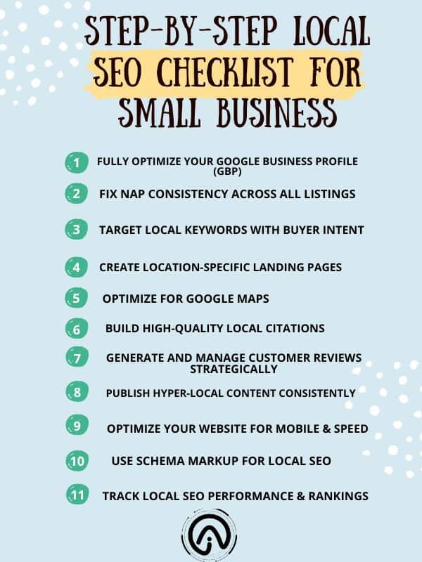 Infographic titled 'Step-by-Step Local SEO Checklist for Small Business' on a light blue background. Lists 11 SEO tasks with numbered green circles, including optimizing Google Business Profile, fixing NAP consistency, and using schema markup.