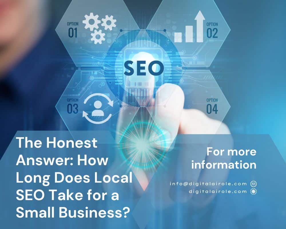 A finger presses a digital hologram labeled "SEO" with hexagonal options, while text reads, "The Honest Answer: How Long Does Local SEO Take for a Small Business?"