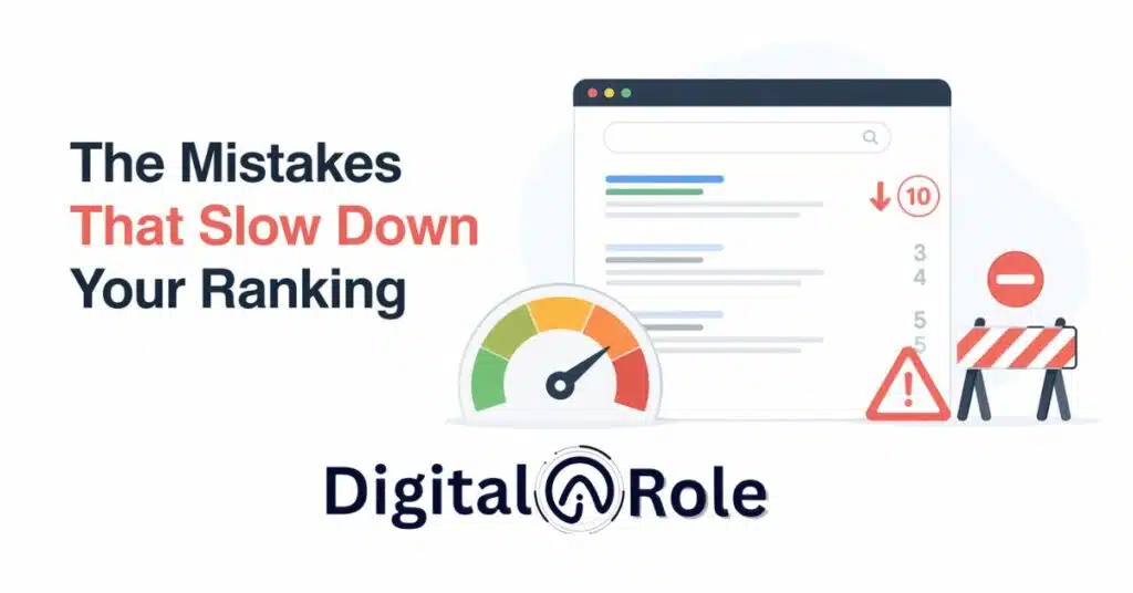 The Mistakes That Slow Down Your Ranking Illustration showing a browser with declining search rankings and a speedometer. Text reads 'The Mistakes That Slow Down Your Ranking.' Symbols for caution and roadblock emphasize warning. Logo at bottom reads 'Digital Role.
