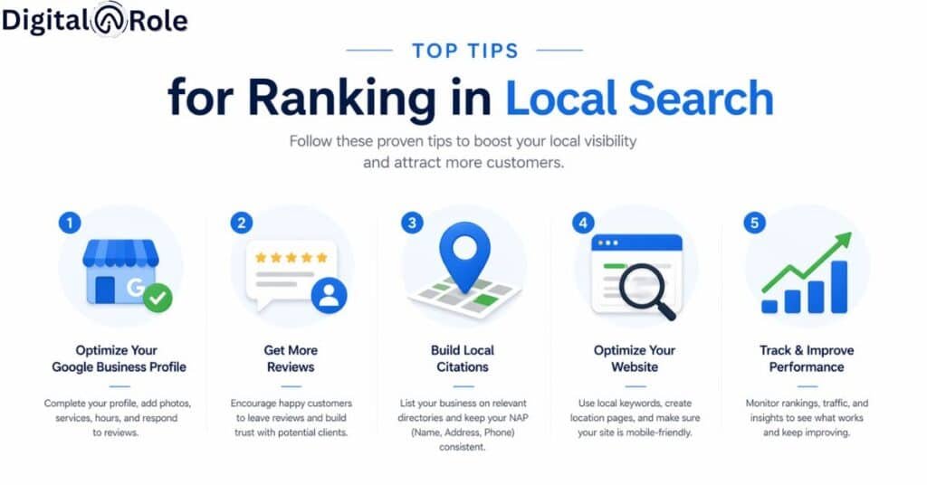 Infographic titled 'Top Tips for Ranking in Local Search' by Digital Role. Five sections highlight optimizing Google Business, getting more reviews, building local citations, optimizing websites, and tracking performance. Icons include a store, stars, map pin, website, and an upward graph arrow.