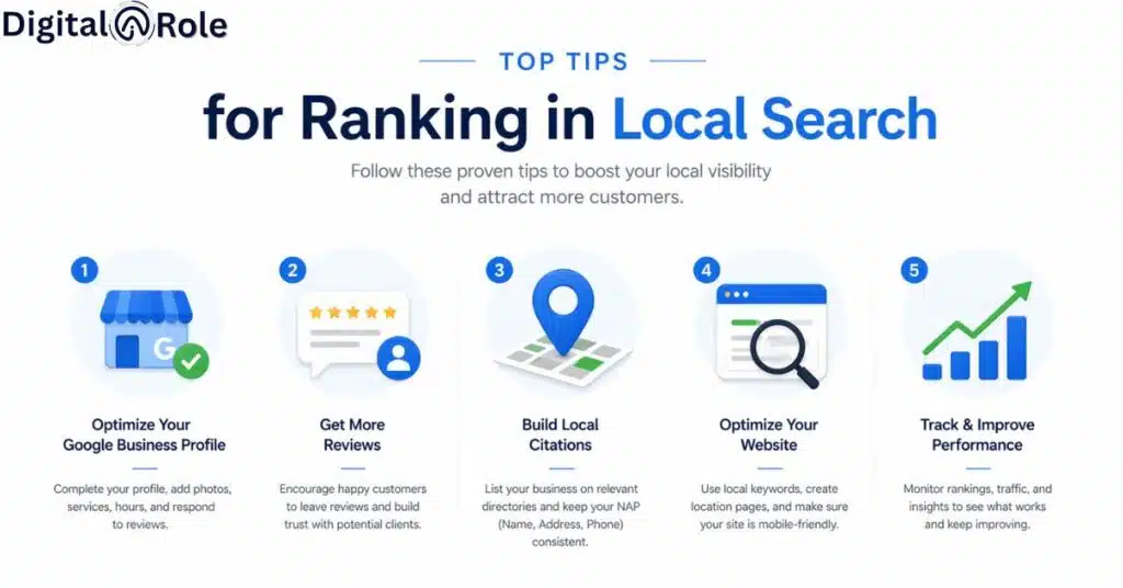 Top Tips for Ranking in Local Search Infographic titled 'Top Tips for Ranking in Local Search' by Digital Role. Five sections highlight optimizing Google Business, getting more reviews, building local citations, optimizing websites, and tracking performance. Icons include a store, stars, map pin, website, and an upward graph arrow.
