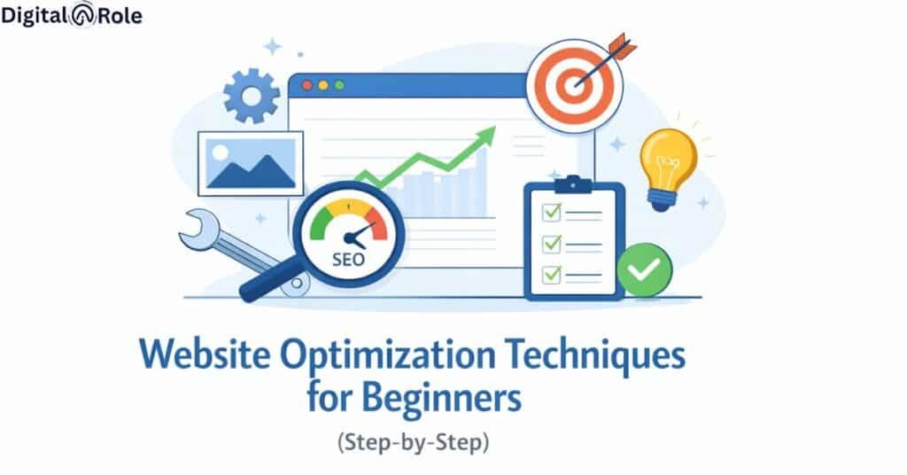 Illustration of website optimization with SEO gauge, upward graph, checklist, and light bulb symbolizing ideas. Text: 'Website Optimization Techniques for Beginners (Step-by-Step).' Tone is informative and encouraging.