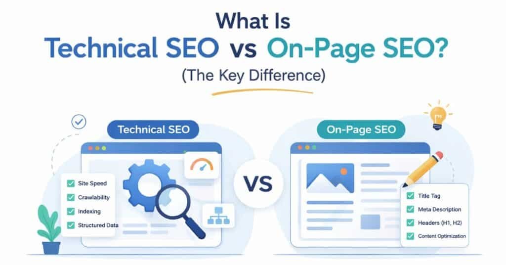 Illustration comparing Technical SEO and On-Page SEO. Technical SEO shows a gear and magnifying glass with factors like site speed and indexing. On-Page SEO highlights content with title tags and meta descriptions. Tone is informative and analytic.