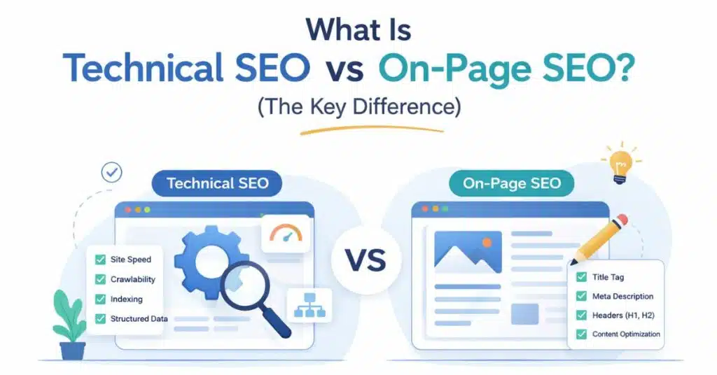 Technical SEO VS On-Page SEO Illustration comparing Technical SEO and On-Page SEO. Technical SEO shows a gear and magnifying glass with factors like site speed and indexing. On-Page SEO highlights content with title tags and meta descriptions. Tone is informative and analytic.