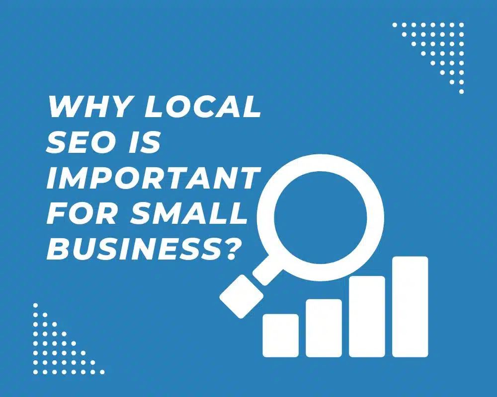 Why Local SEO important Blue background with white text: "Why local SEO is important for small business?" Features a magnifying glass and bar chart icons, highlighting focus on digital marketing.