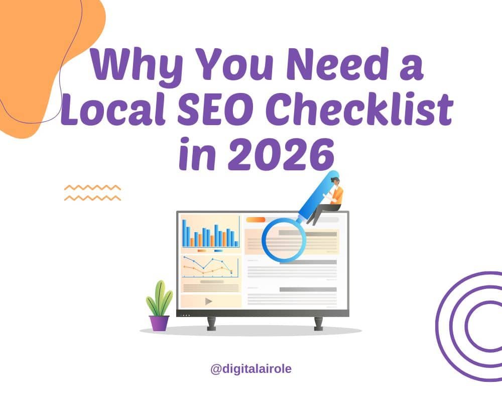Illustration featuring the text 'Why You Need a Local SEO Checklist in 2026' above a computer monitor with charts. A small figure examines the screen with a magnifying glass. Decor includes playful geometric shapes, creating a modern, informative tone.