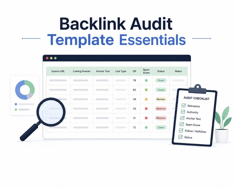Backlink Audit Template Essentials Illustration titled 'Backlink Audit Template Essentials' showing a table of backlink data with categories like Source URL and Spam Score, alongside a chart, magnifying glass, and checklist on a clipboard. A plant adds a fresh touch.