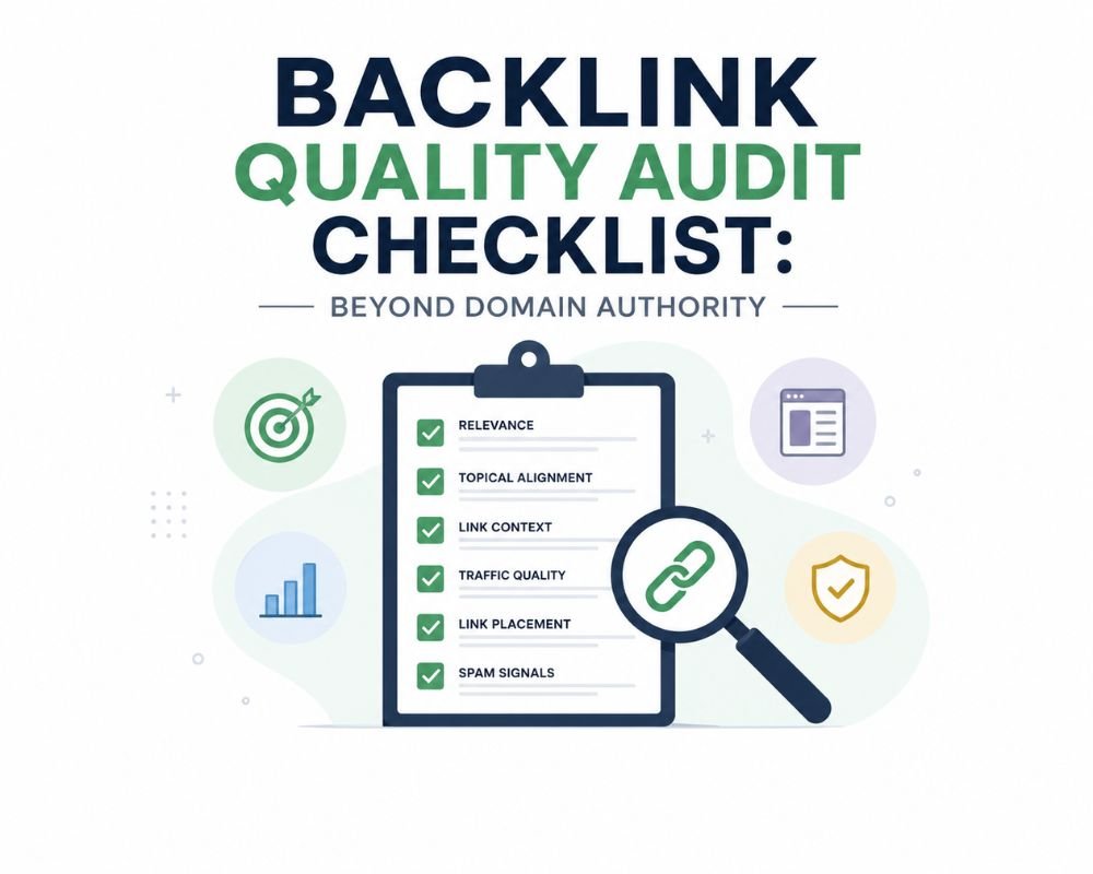 Backlink Quality Audit Checklist Graphic titled 'Backlink Quality Audit Checklist: Beyond Domain Authority'. Features a checklist on a clipboard with items like relevance and spam signals, and icons of a target, graph, and shield, suggesting a focused and methodical approach.