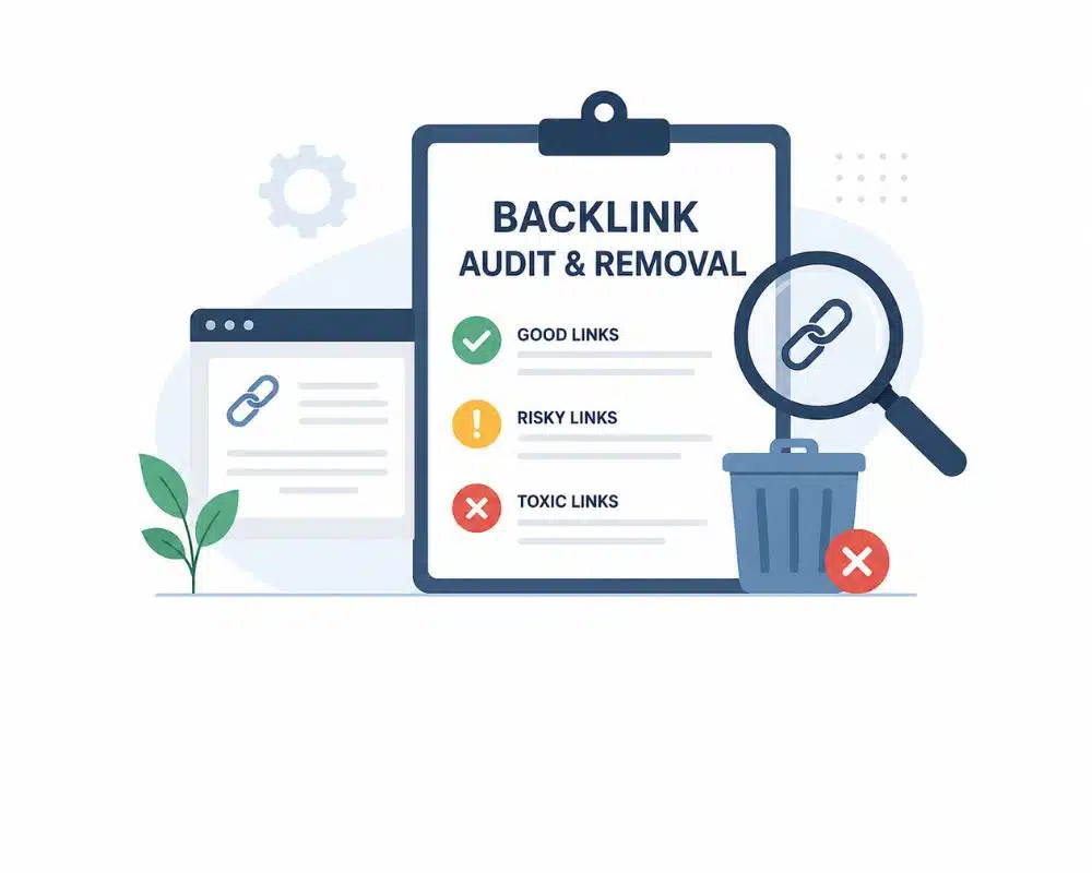 Backlinks Audit and Removal Illustration of a "Backlink Audit & Removal" checklist. Shows good, risky, and toxic links with a clipboard, magnifying glass, and trash can.