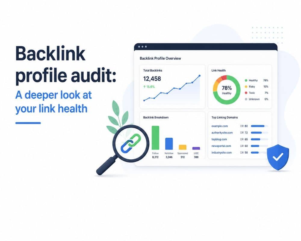 Backlink profile audit graphic showing total backlinks, link health, and domain metrics with charts. Emphasizes link health analysis.