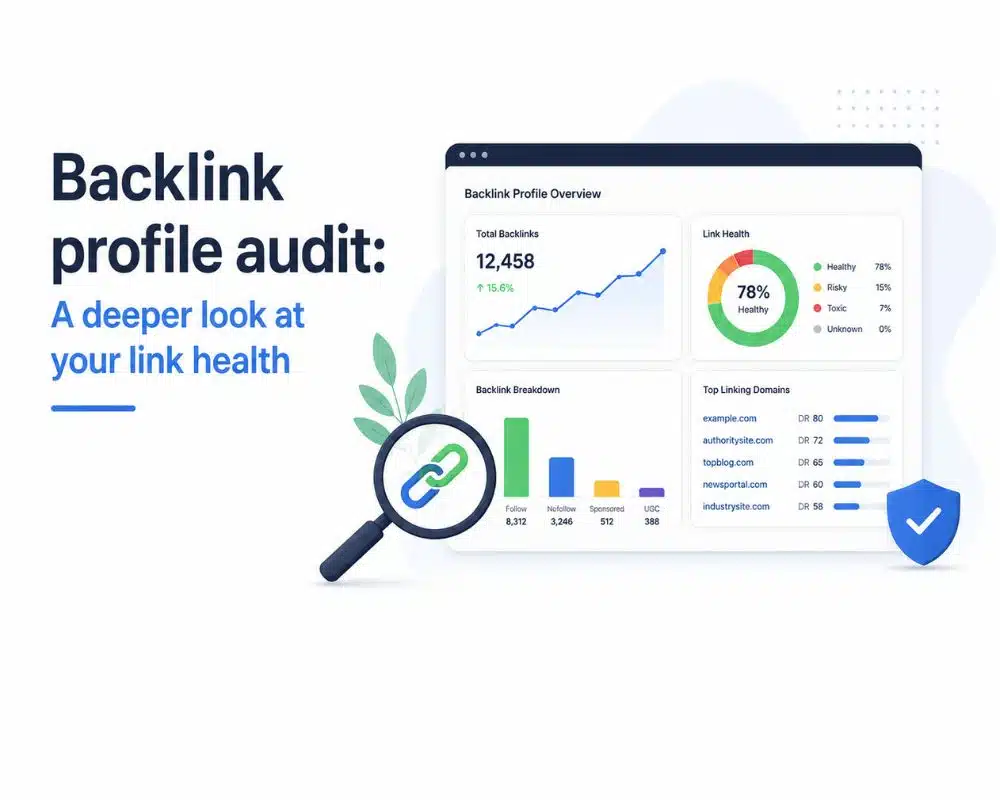 Backlinks Profile Audit Backlink profile audit graphic showing total backlinks, link health, and domain metrics with charts. Emphasizes link health analysis.