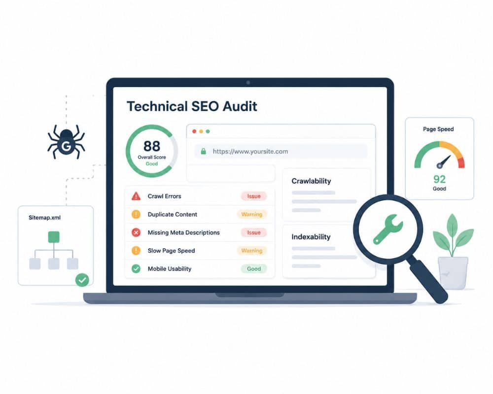 Laptop display showing a Technical SEO Audit score of 88. Icons indicate issues with crawl errors. A magnifying glass and green plant are nearby.