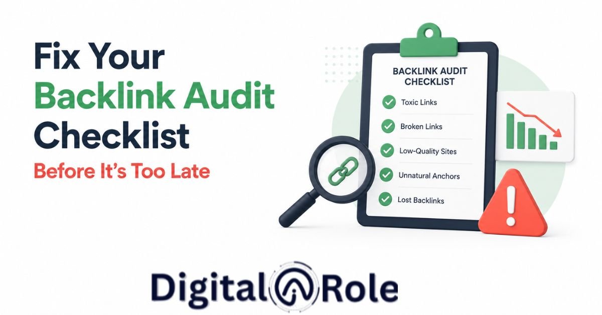 Digital poster titled 'Fix Your Backlink Audit Checklist.' Features a checklist with items like toxic and broken links, a downward graph, and a magnifying glass. Text is in a mix of blue, green, and red. Logo at the bottom reads 'Digital Role.' The tone is urgent and informative.