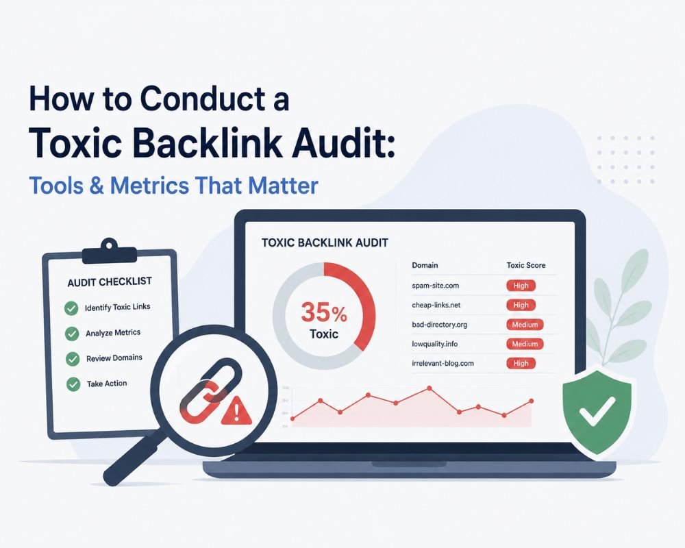 Illustration of a toxic backlink audit showing a laptop display with a pie chart indicating 35% toxicity. A checklist includes steps like identifying toxic links.