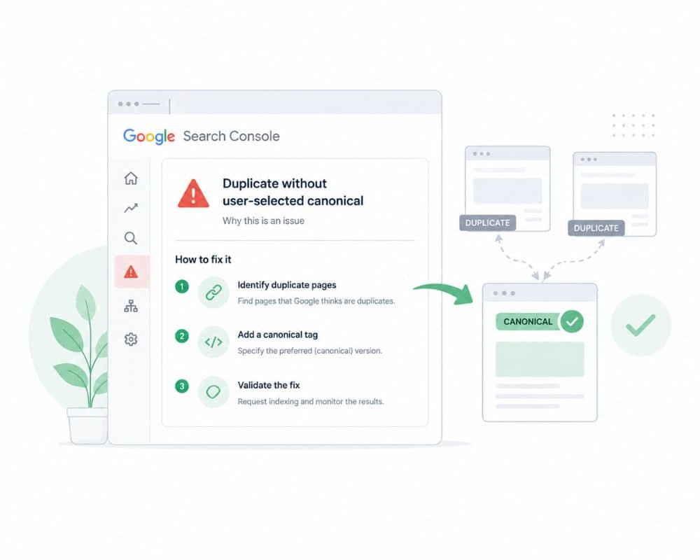 Google Search Console graphic shows a "Duplicate without user-selected canonical" alert. Steps: identify duplicates, add canonical tag, validate fix.