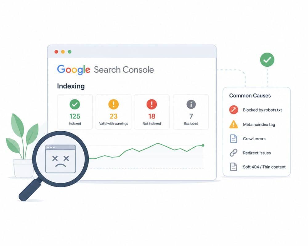 Google Search Console graphic showing indexing statuses: 125 indexed, 23 with warnings, 18 not indexed, 7 excluded. A magnifying glass highlights issues.