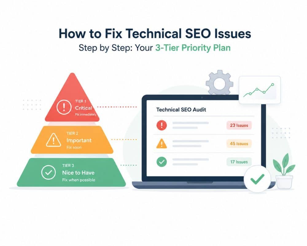  Infographic titled "How to Fix Technical SEO Issues" with a 3-tier pyramid. Tiers marked "Critical," "Important," and "Nice to Have," beside a laptop showing a SEO audit with 23 critical, 45 important, and 17 nice-to-have issues, emphasizing urgency and organization.